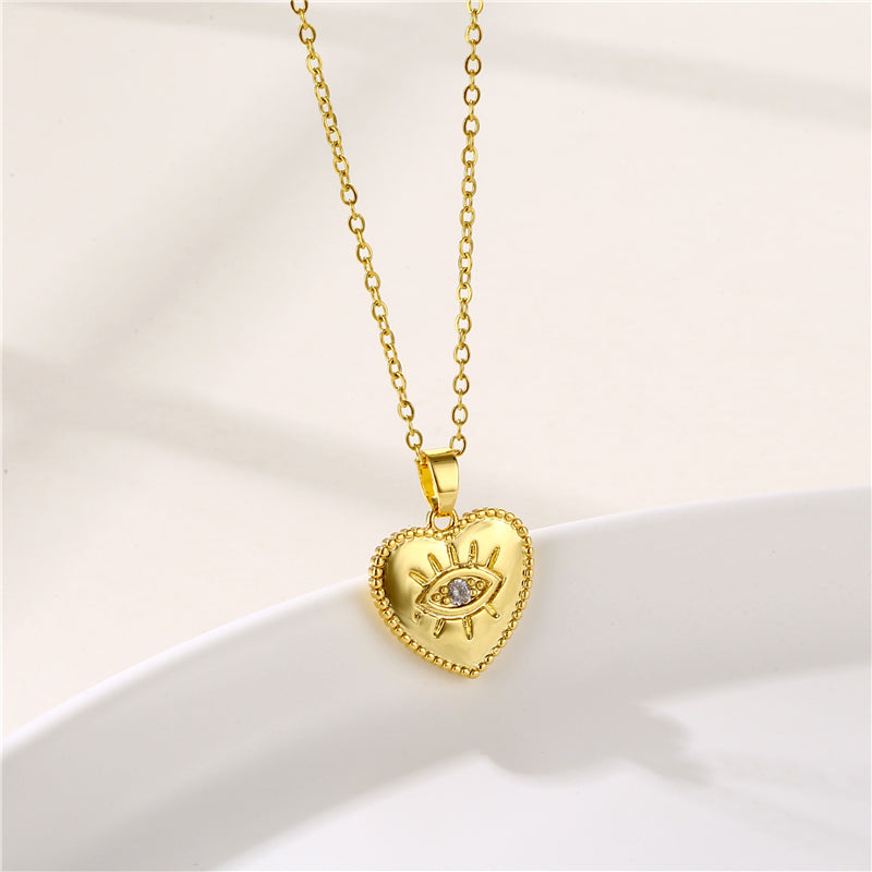 INS Style Sun and Heart Shape Zircon Pendant Necklace - Stainless Steel Titanium with 18K Gold Plating