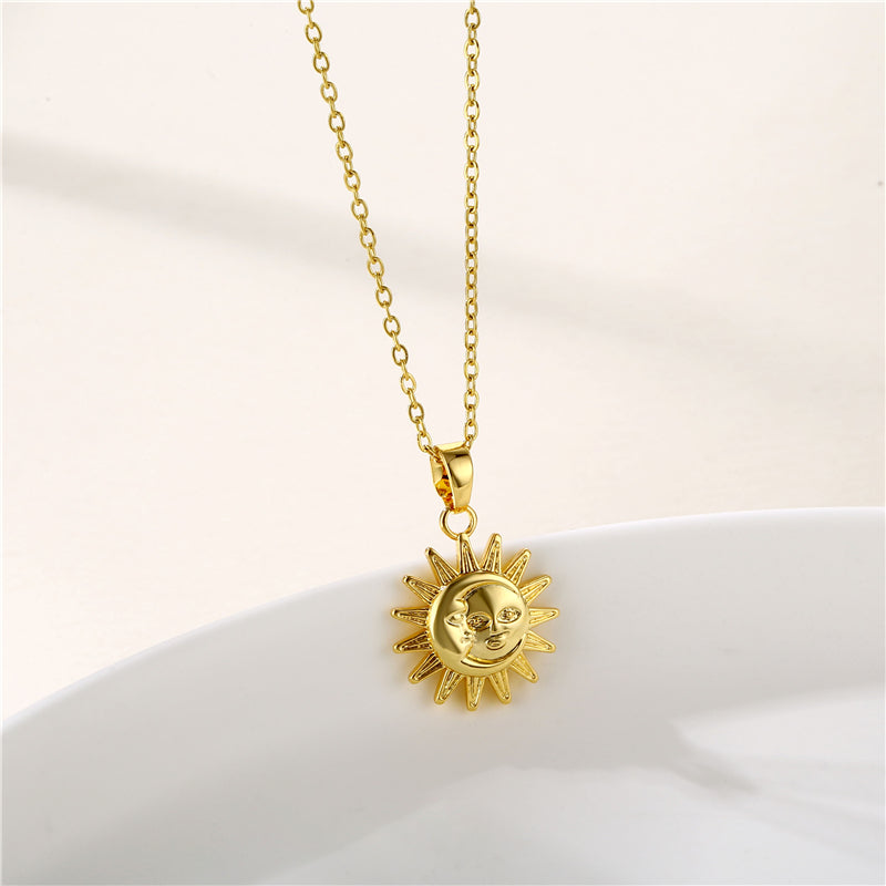 INS Style Sun and Heart Shape Zircon Pendant Necklace - Stainless Steel Titanium with 18K Gold Plating