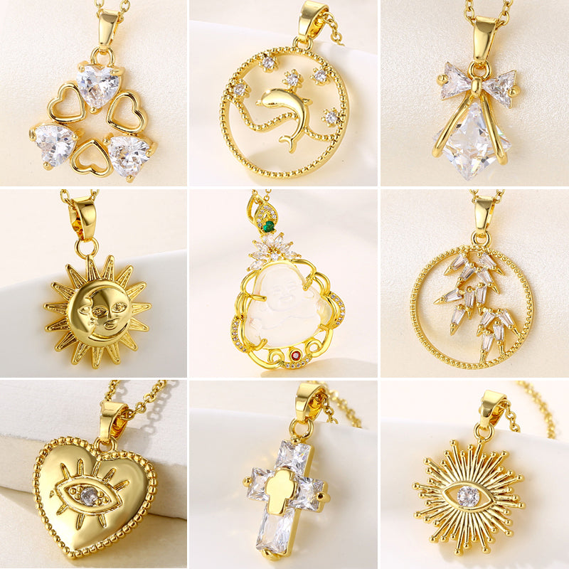 INS Style Sun and Heart Shape Zircon Pendant Necklace - Stainless Steel Titanium with 18K Gold Plating