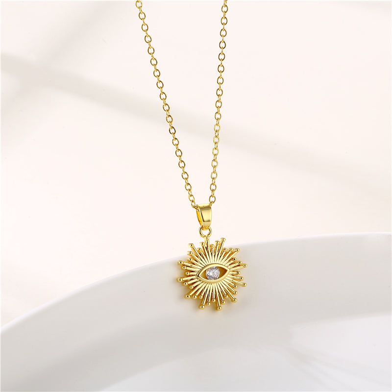 INS Style Sun and Heart Shape Zircon Pendant Necklace - Stainless Steel Titanium with 18K Gold Plating