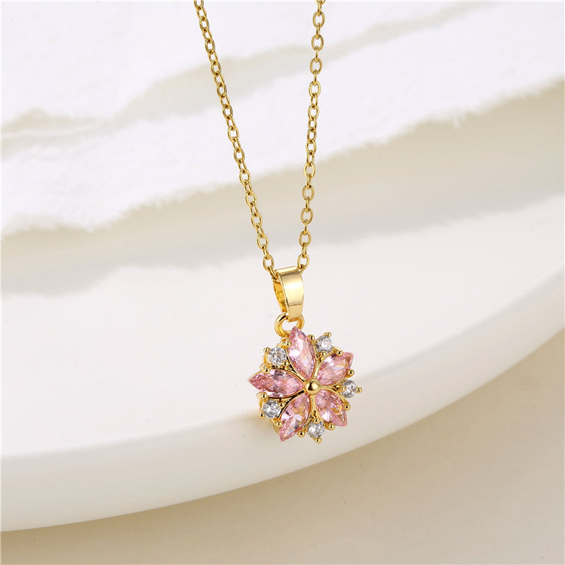 Korean Style Flower Zircon Pendant Necklace - 18K Gold Plated Stainless Steel
