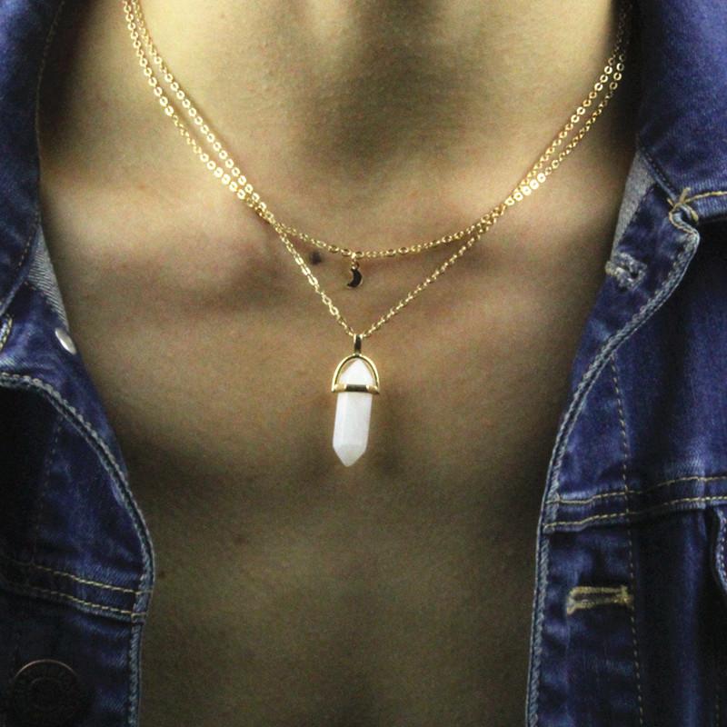 Alloy Double Moon Hexagon Crystal Pendant Necklace - Fashion Simple Clavicle Chain