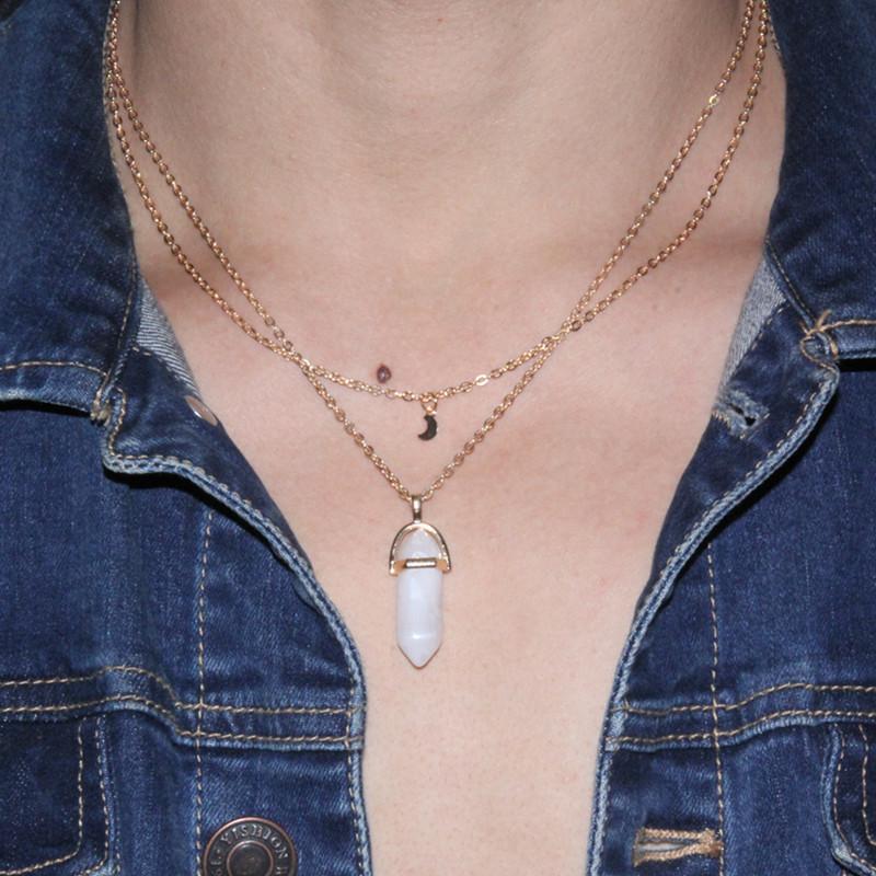 Alloy Double Moon Hexagon Crystal Pendant Necklace - Fashion Simple Clavicle Chain