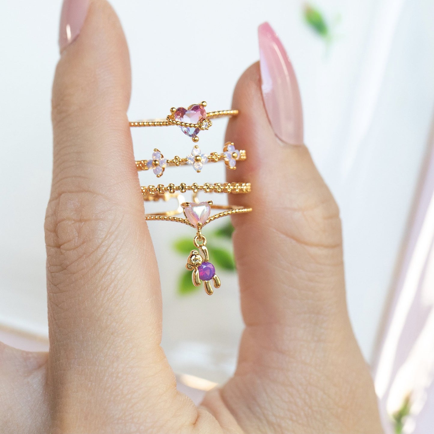 18K Gold Plated Bear and Heart Zircon Ring - Fashionable Minimalist Jewelry