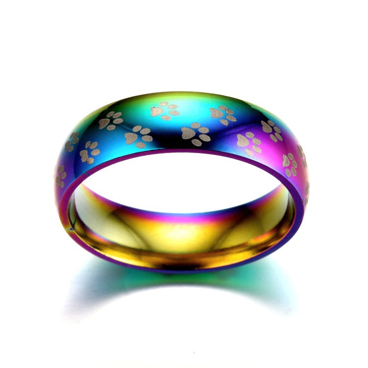 Colorful Cat Paw Titanium Steel Ring - Creative Rainbow Design