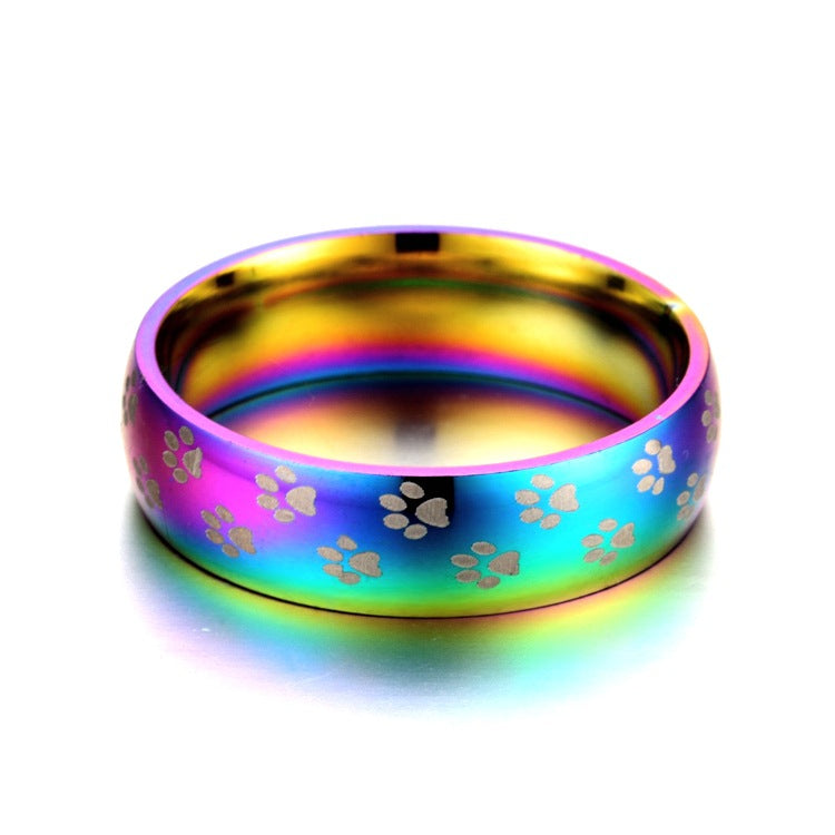 Colorful Cat Paw Titanium Steel Ring - Creative Rainbow Design