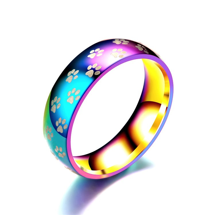 Colorful Cat Paw Titanium Steel Ring - Creative Rainbow Design