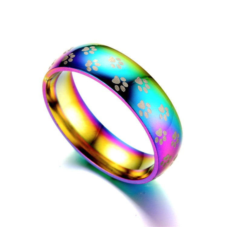 Colorful Cat Paw Titanium Steel Ring - Creative Rainbow Design