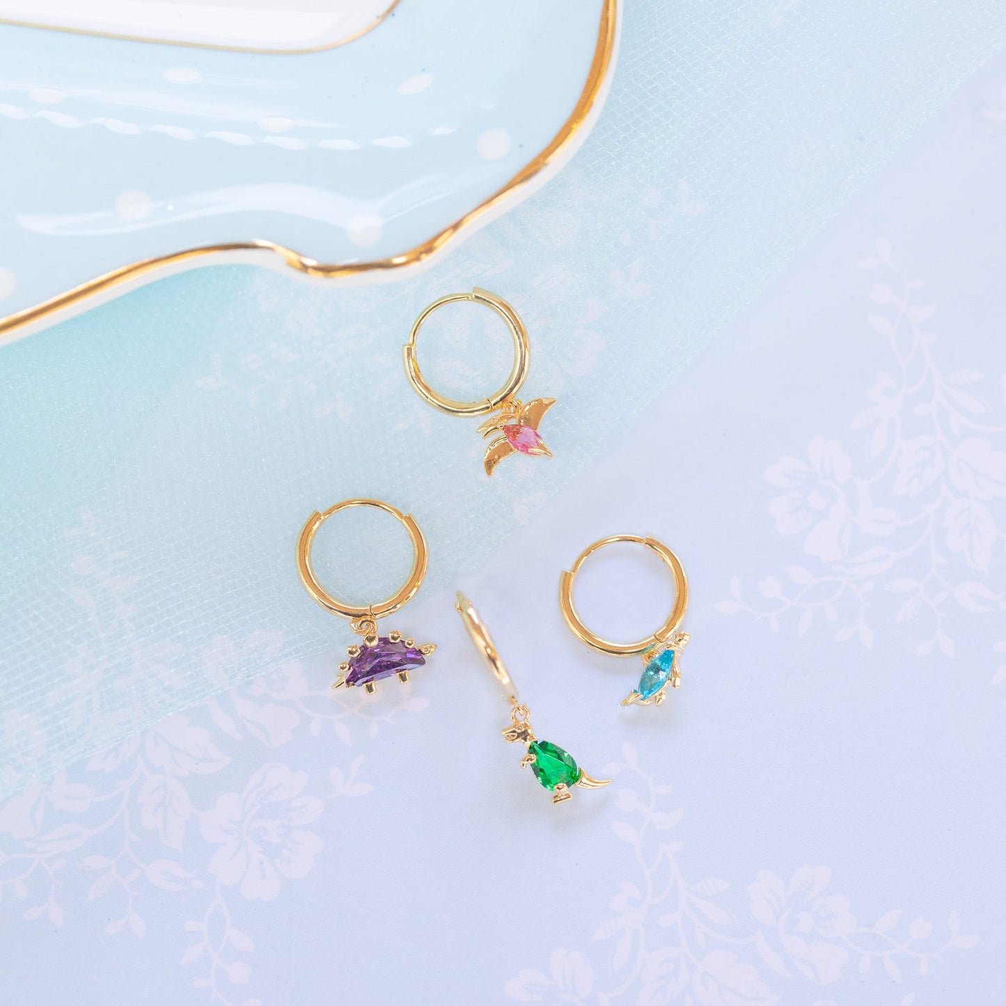 S925 Silver Geometric Multicolor Zircon Dinosaur Earrings