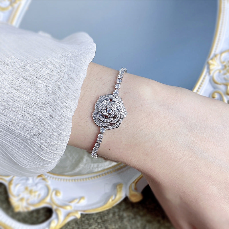 Elegant Rose Flower Sterling Silver Bracelet with High Carbon Diamond Inlay
