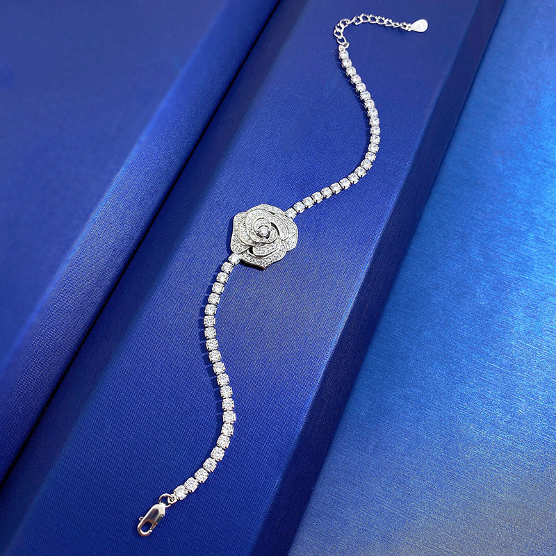 Elegant Rose Flower Sterling Silver Bracelet with High Carbon Diamond Inlay