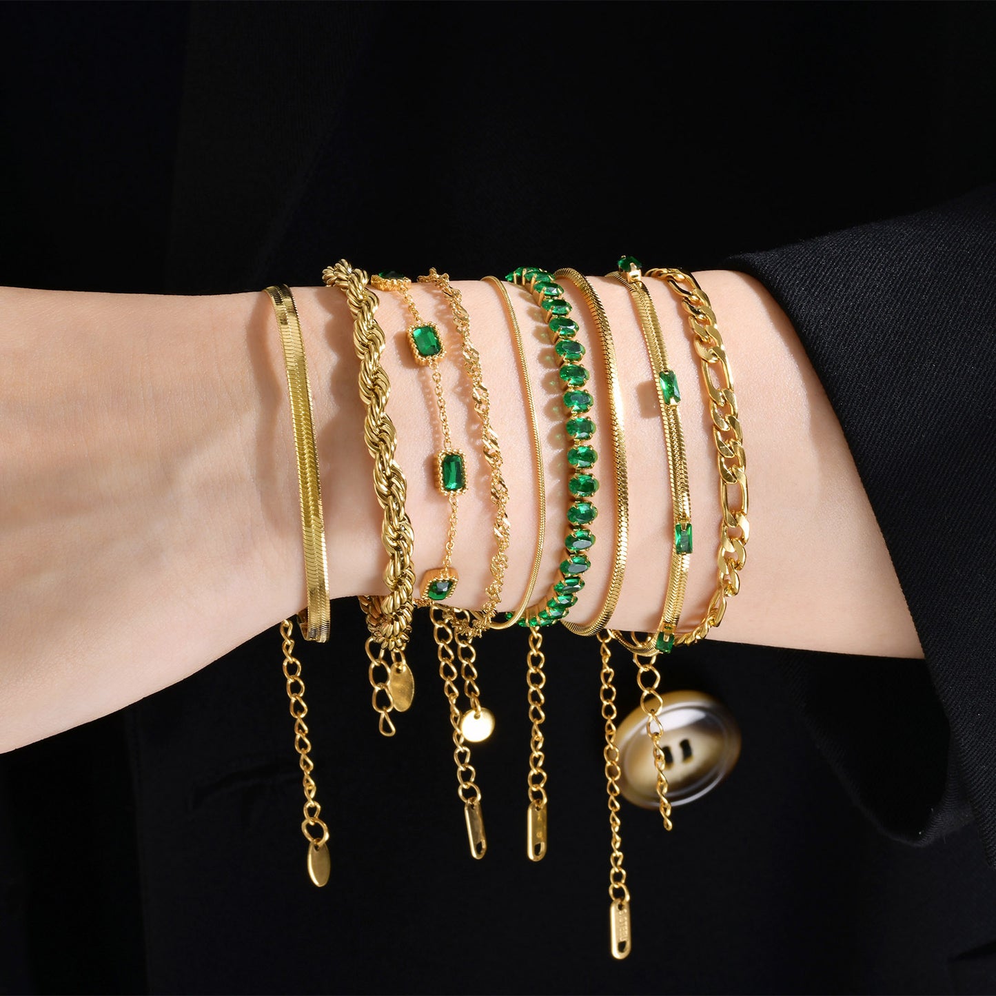 Elegant Geometric 18K Gold Plated Green Zircon Stainless Steel Bracelet