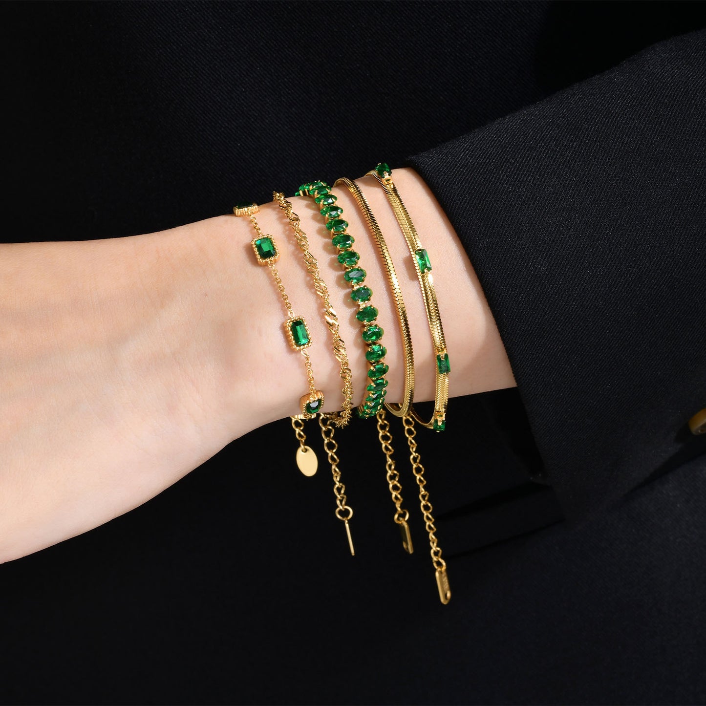Elegant Geometric 18K Gold Plated Green Zircon Stainless Steel Bracelet