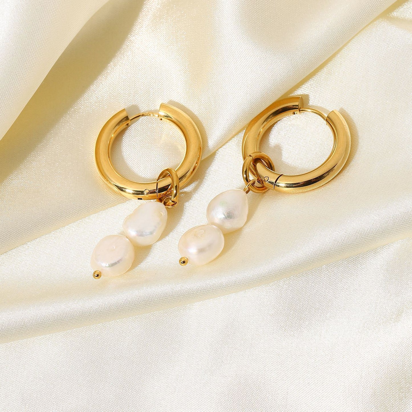 18K Gold-Plated Double Freshwater Pearl Pendant Earrings