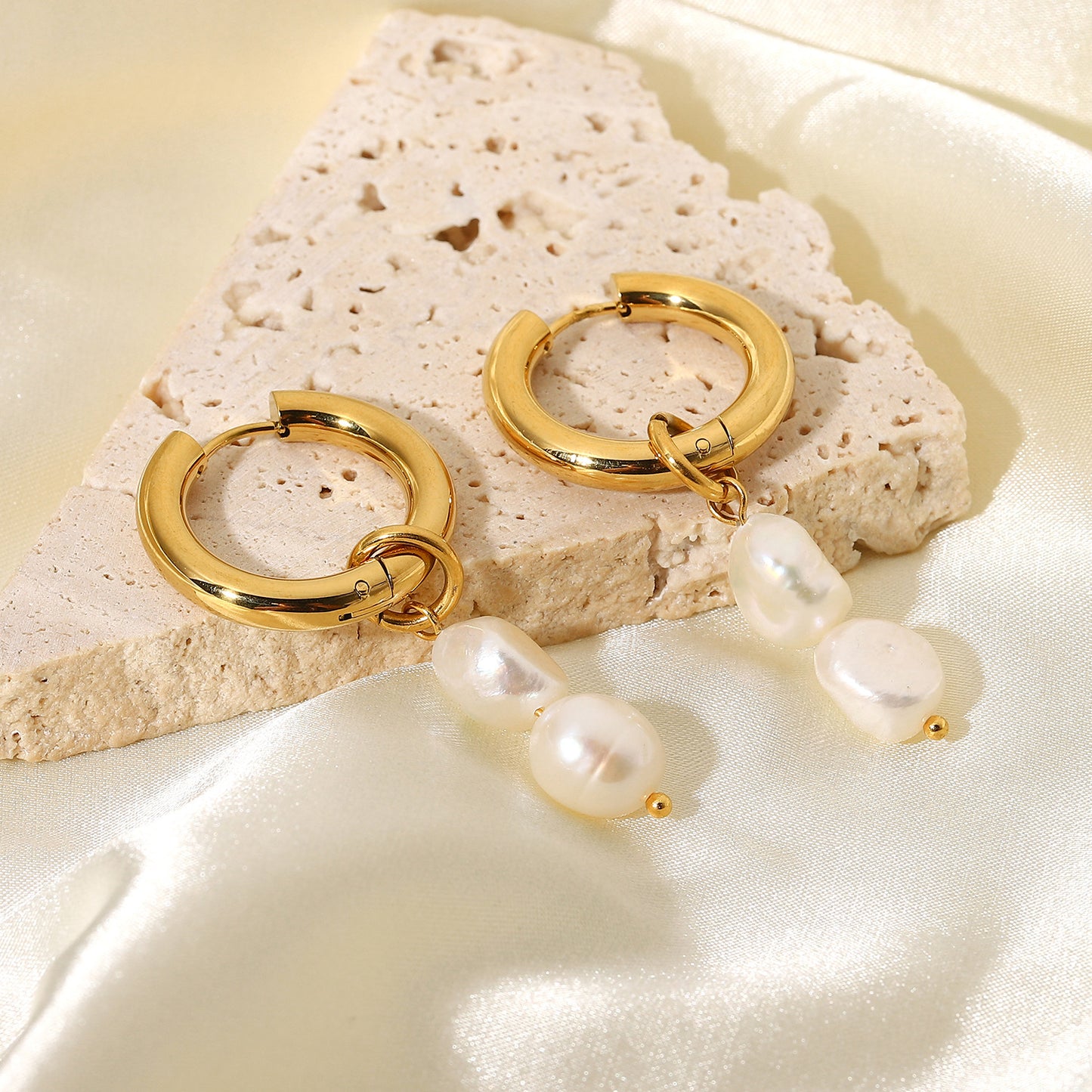 18K Gold-Plated Double Freshwater Pearl Pendant Earrings