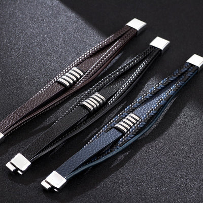 Wholesale Hip-Hop Oval Stainless Steel Leather Multi-Layer Magnetic Clasp Bracelet