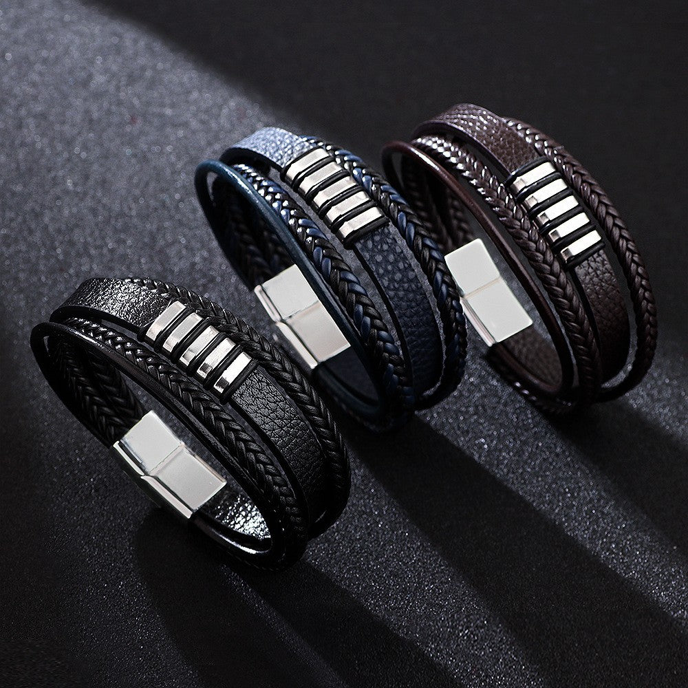 Wholesale Hip-Hop Oval Stainless Steel Leather Multi-Layer Magnetic Clasp Bracelet
