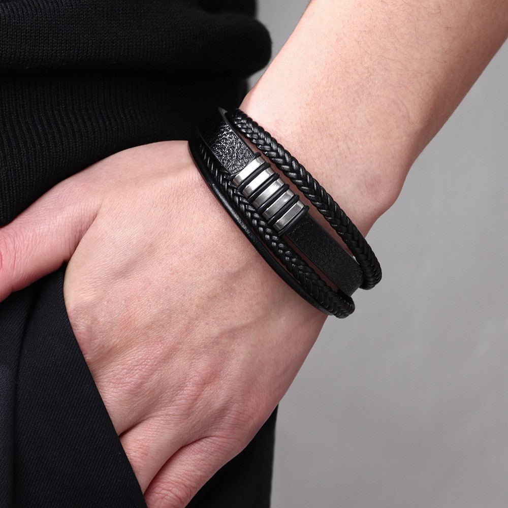 Wholesale Hip-Hop Oval Stainless Steel Leather Multi-Layer Magnetic Clasp Bracelet