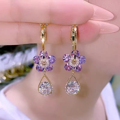 Sweet Flower Crystal Drop Earrings - Elegant Design with Alloy and Artificial Crystals