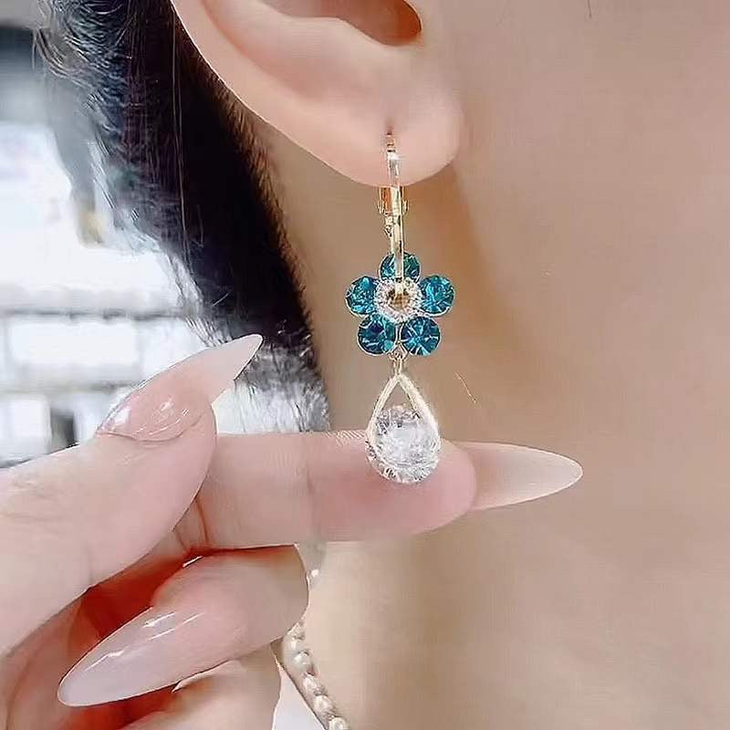 Sweet Flower Crystal Drop Earrings - Elegant Design with Alloy and Artificial Crystals