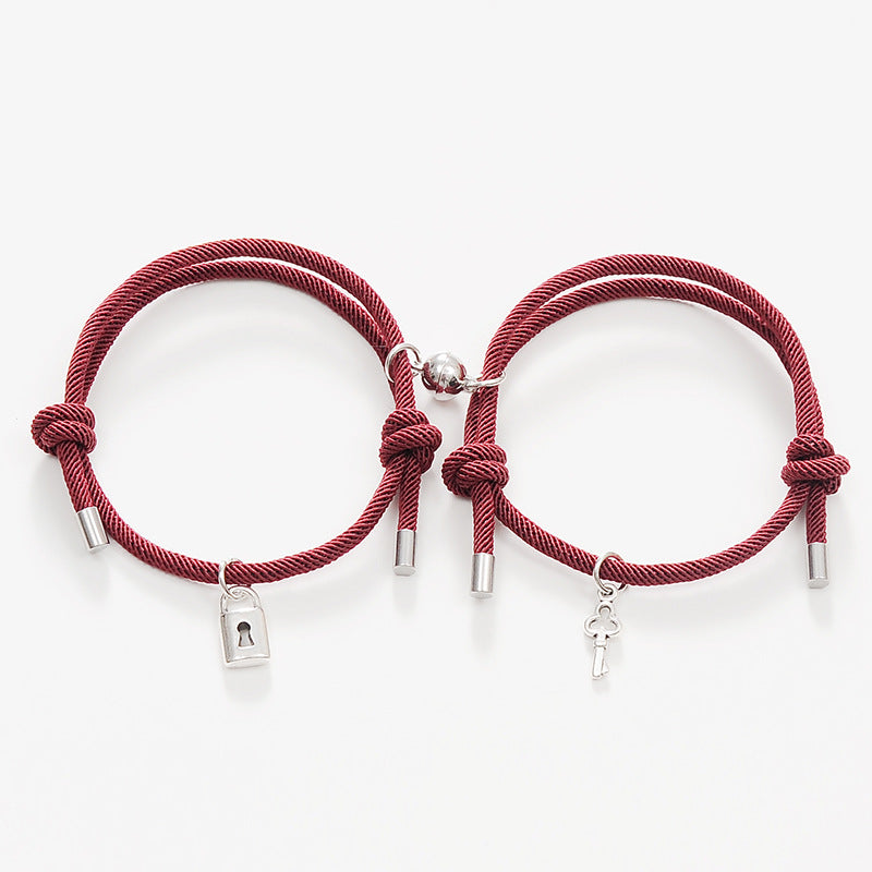 Alloy Key Lock Magnetic Couple Hand Rope Bracelet Set