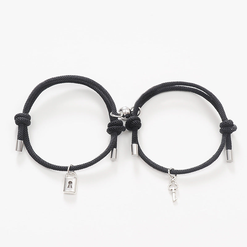 Alloy Key Lock Magnetic Couple Hand Rope Bracelet Set