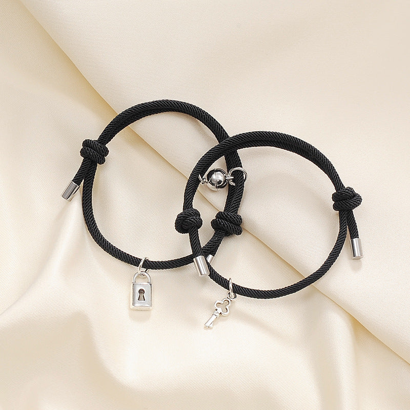 Alloy Key Lock Magnetic Couple Hand Rope Bracelet Set