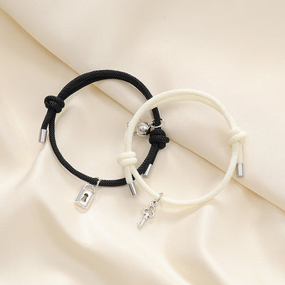 Alloy Key Lock Magnetic Couple Hand Rope Bracelet Set