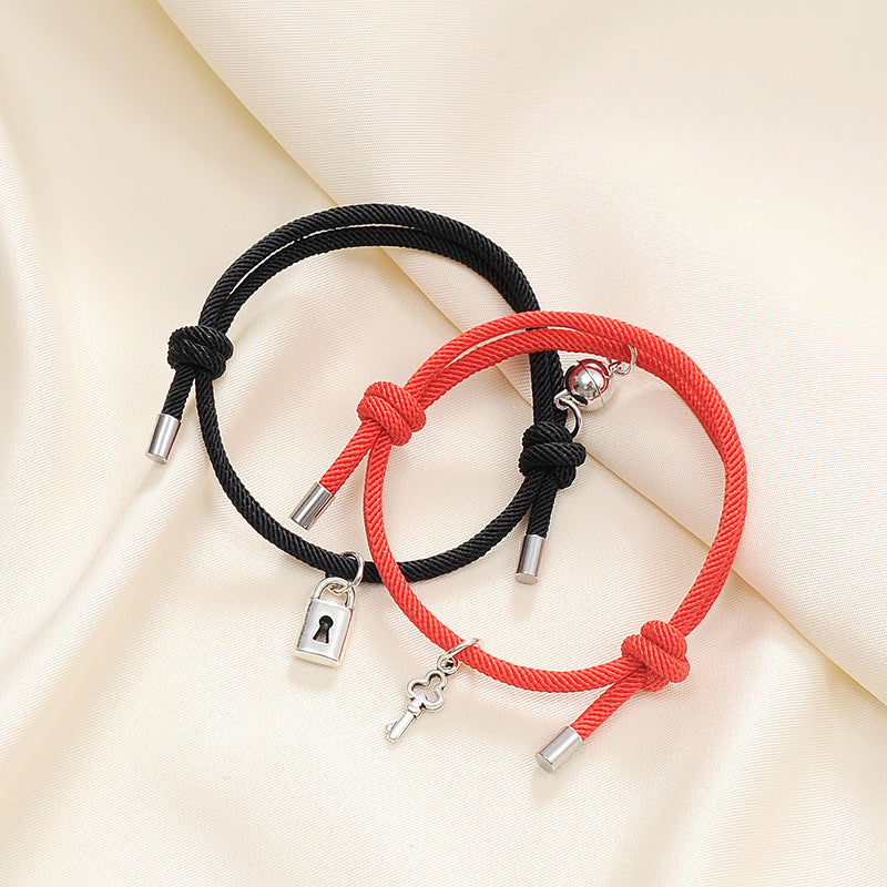 Alloy Key Lock Magnetic Couple Hand Rope Bracelet Set