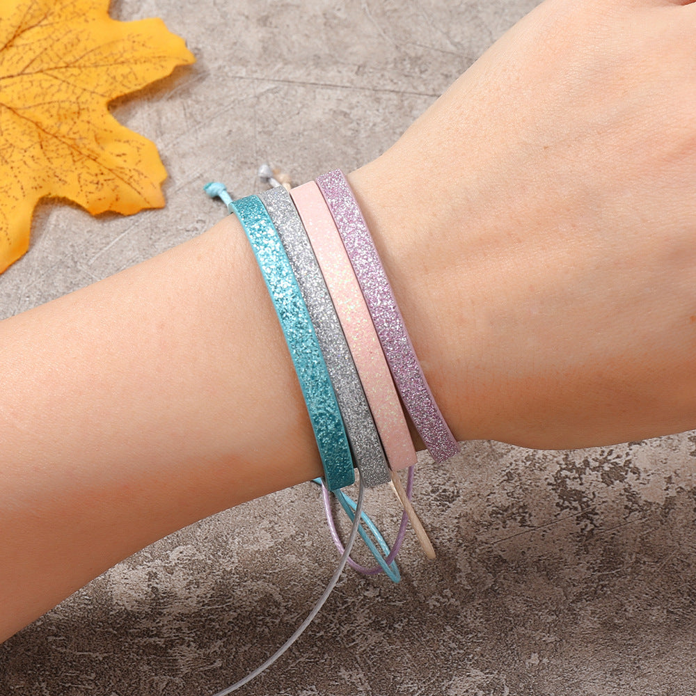 Bohemian Solid Color PU Leather Rope Sequin Handmade Adjustable Bracelet