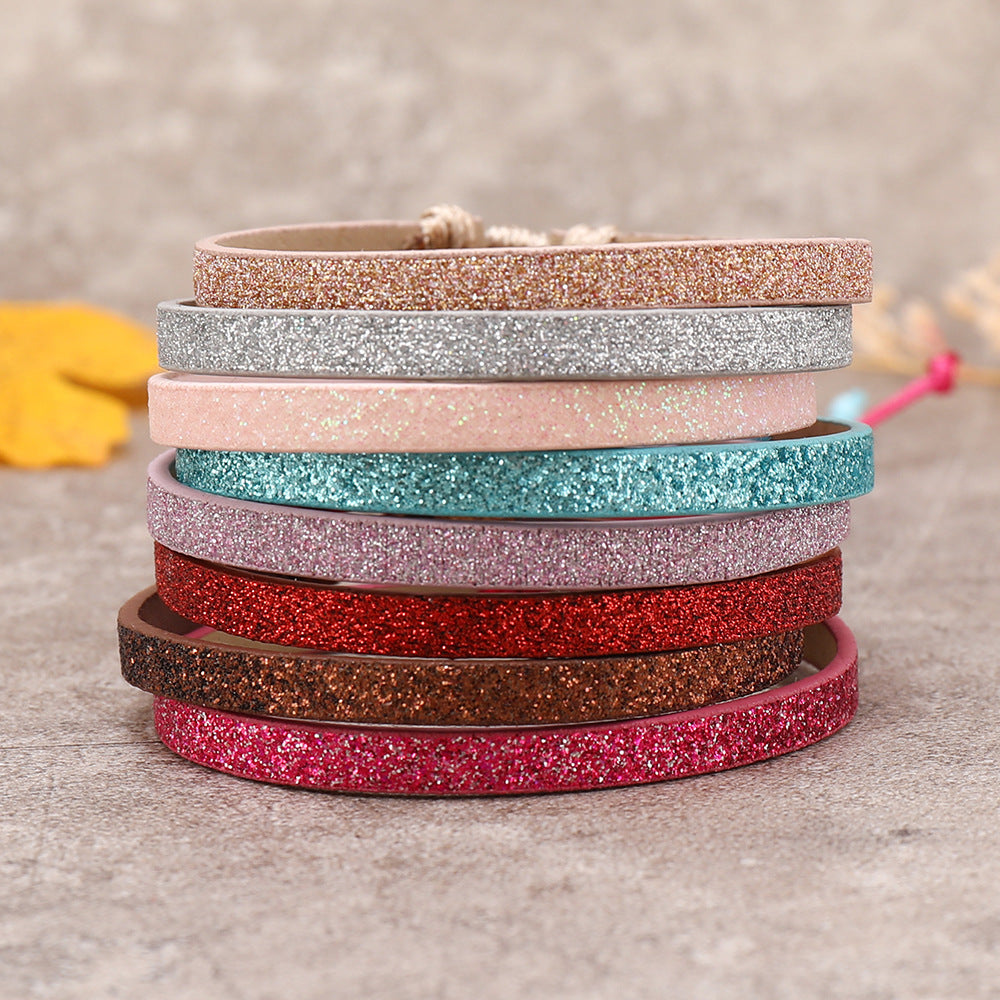Bohemian Solid Color PU Leather Rope Sequin Handmade Adjustable Bracelet