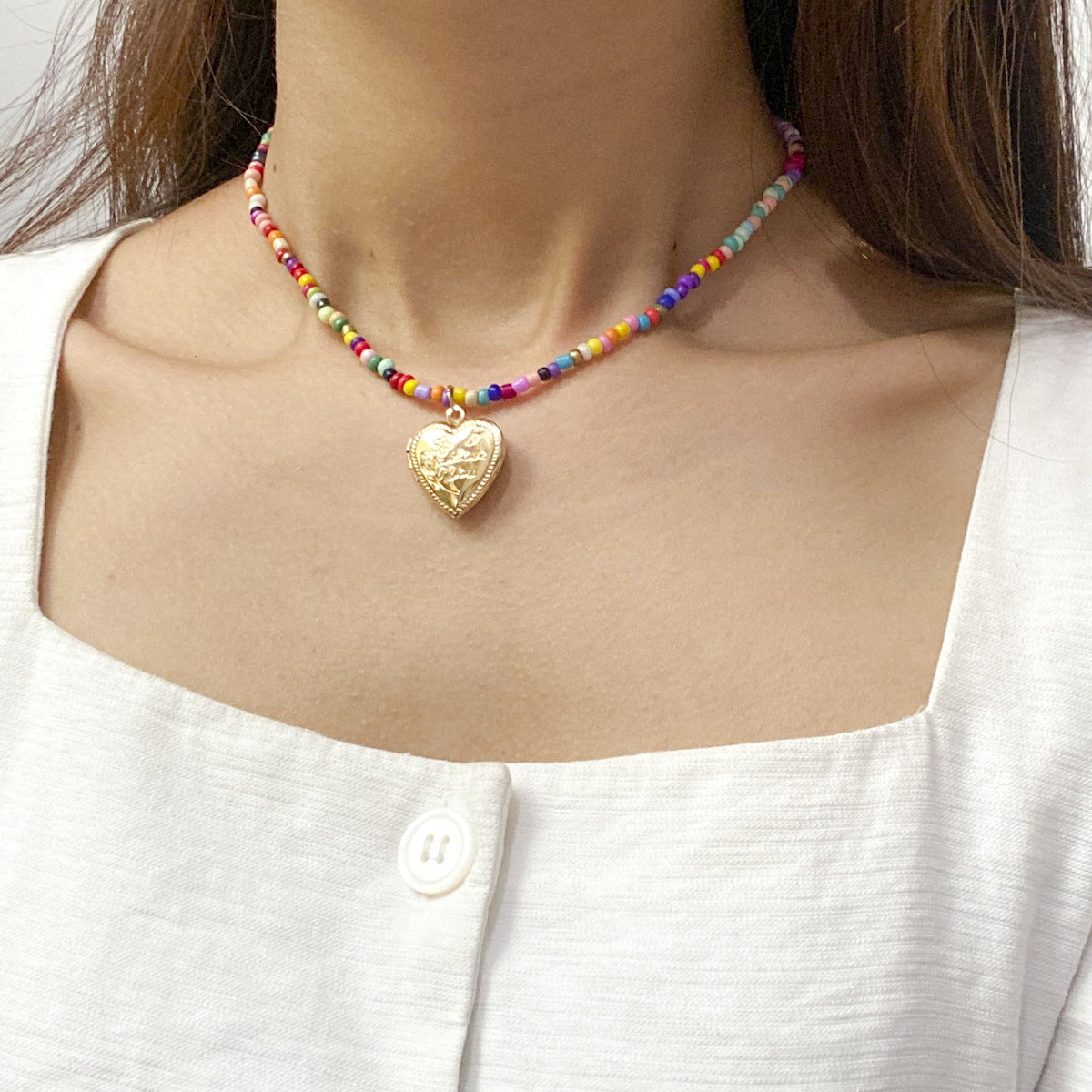 Colorful Beaded Heart-shaped Pendant Necklace for Women