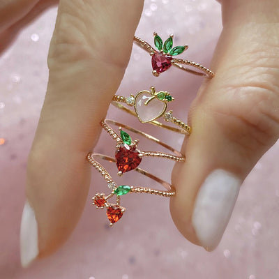 Colorful Zircon Cherry Peach Tropical Fruit Rings in Gold Plated Copper
