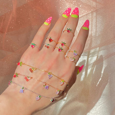 Colorful Zircon Cherry Peach Tropical Fruit Rings in Gold Plated Copper