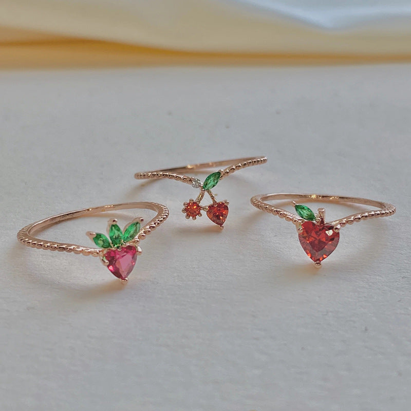 Colorful Zircon Cherry Peach Tropical Fruit Rings in Gold Plated Copper