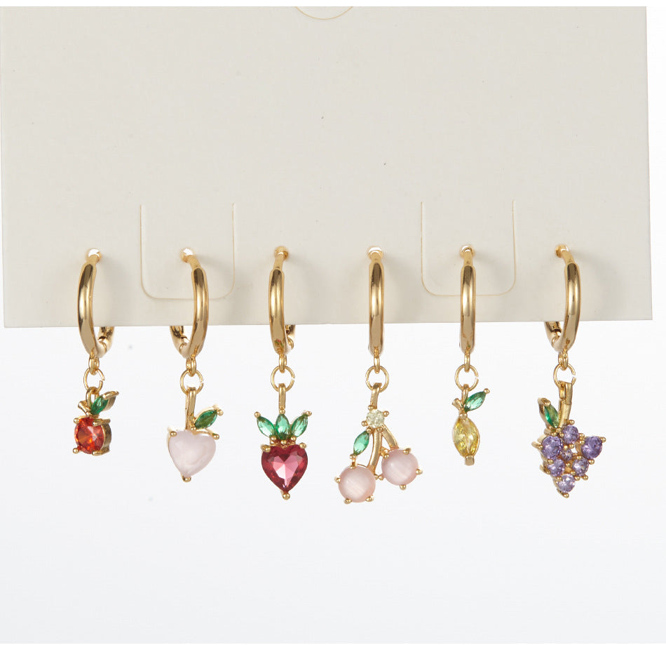 Colorful Zircon Fruit Earrings - Grape, Cherry, Pineapple, Peach, and Strawberry Design
