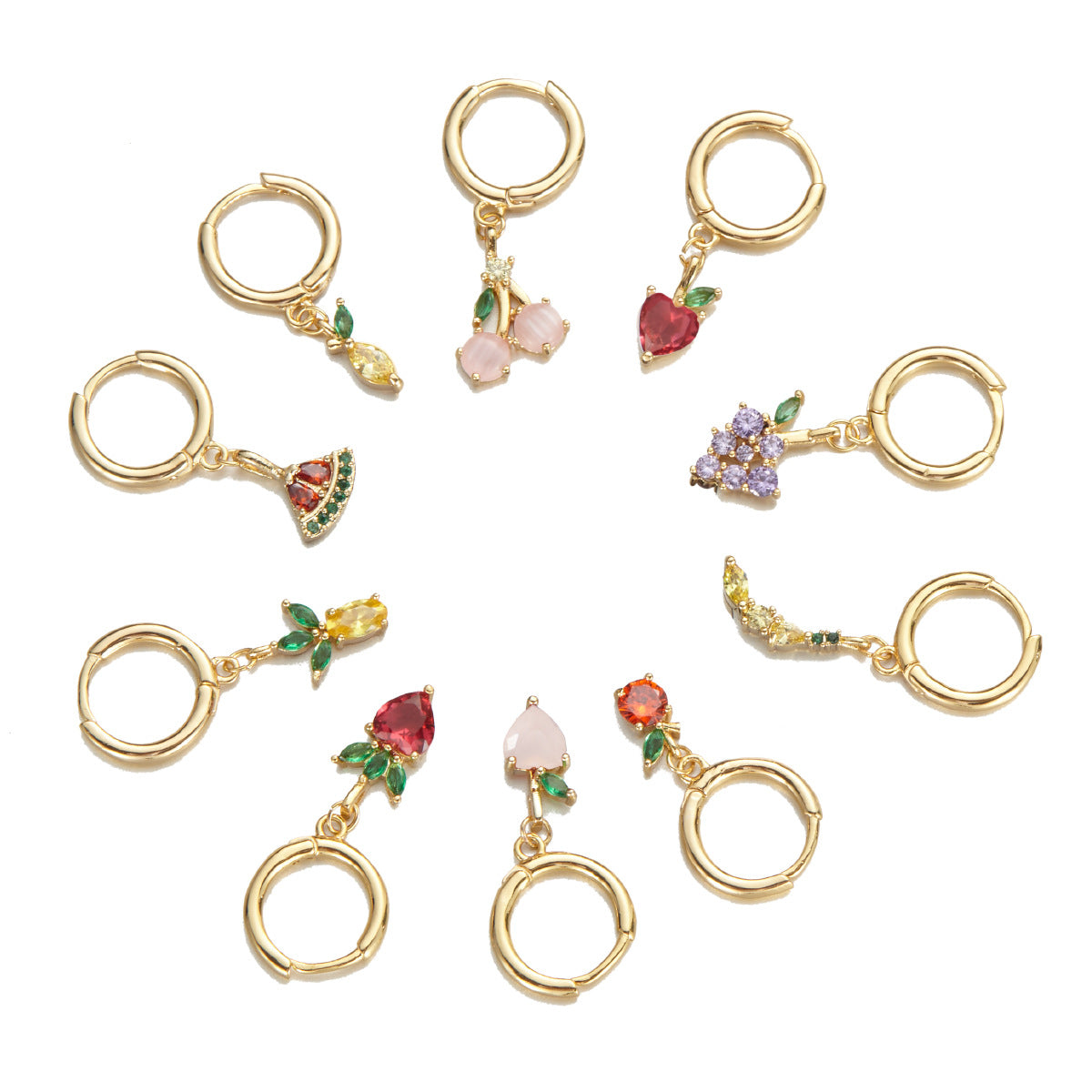 Colorful Zircon Fruit Earrings - Grape, Cherry, Pineapple, Peach, and Strawberry Design