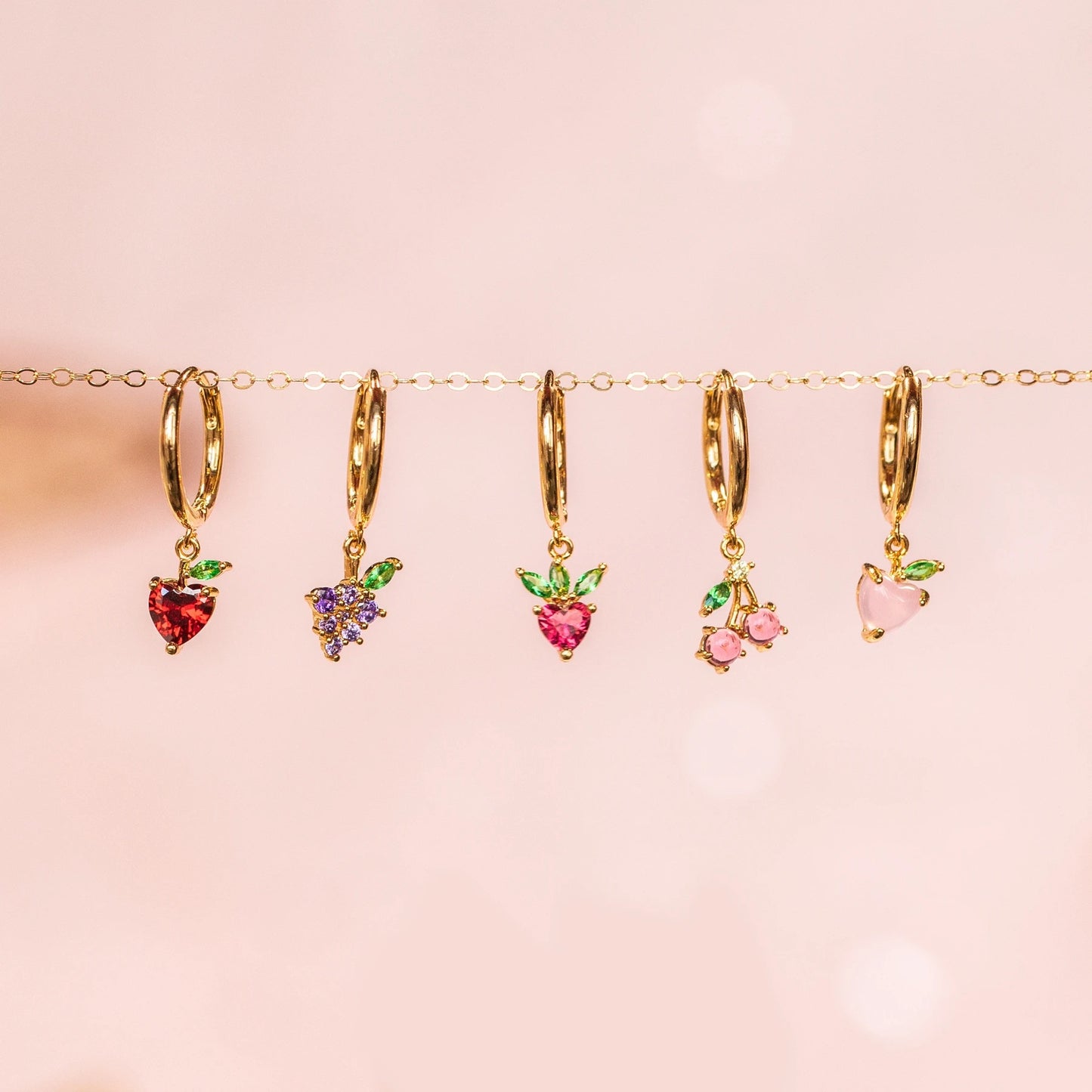 Colorful Zircon Fruit Earrings - Grape, Cherry, Pineapple, Peach, and Strawberry Design