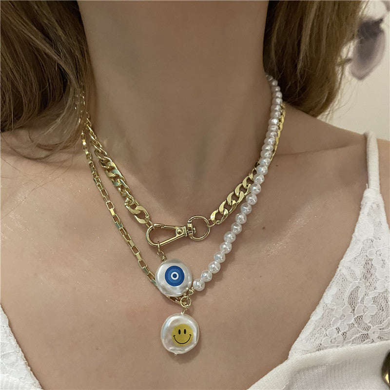 Devil's Eye Smiley Face Pearl Pendant Multi-layer Necklace