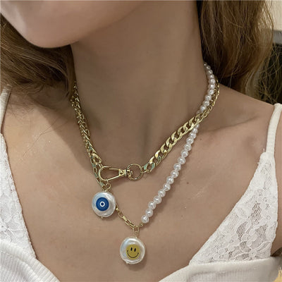 Devil's Eye Smiley Face Pearl Pendant Multi-layer Necklace