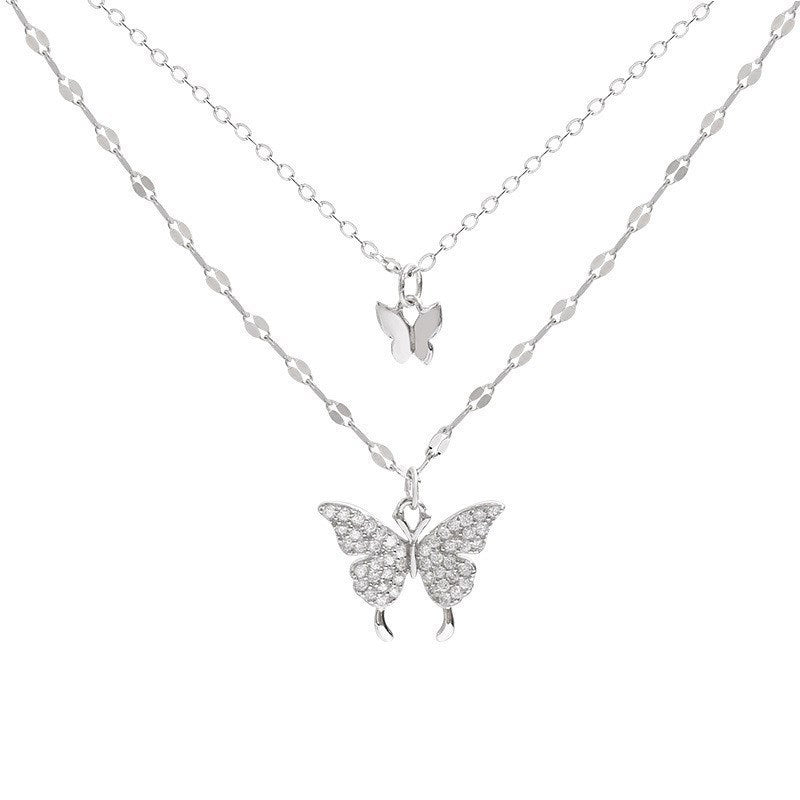 Elegant Butterfly Rhinestone Layered Pendant Necklace - Gold & Silver Plated