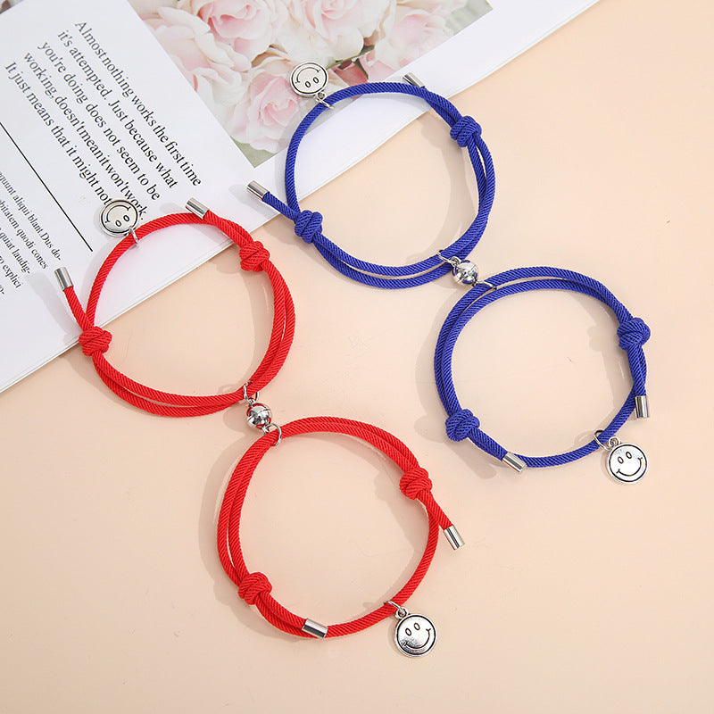 Magnetic Smiley Face Couple Bracelet Set - Handmade Woven Jewelry