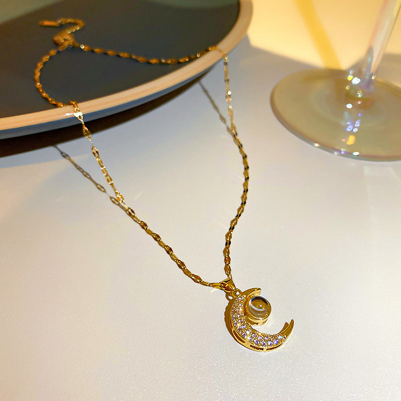 Moon Projection Pendant Necklace - Stainless Steel & Zircon Love Language Design