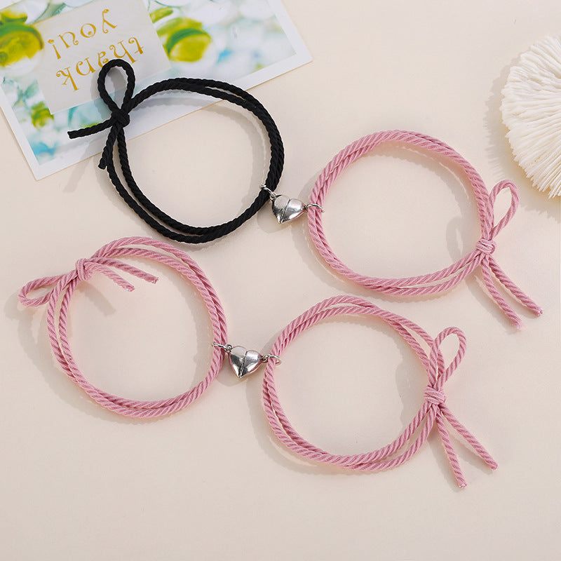 Heart-shaped Magnetic Couple Bracelets Set - Alloy Love Charm Rope Jewelry