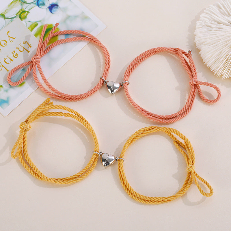 Heart-shaped Magnetic Couple Bracelets Set - Alloy Love Charm Rope Jewelry
