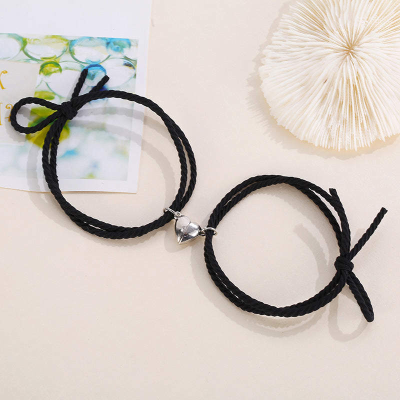 Heart-shaped Magnetic Couple Bracelets Set - Alloy Love Charm Rope Jewelry