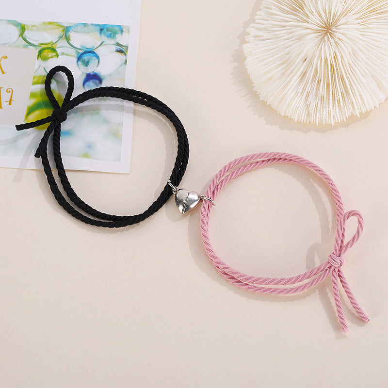 Heart-shaped Magnetic Couple Bracelets Set - Alloy Love Charm Rope Jewelry