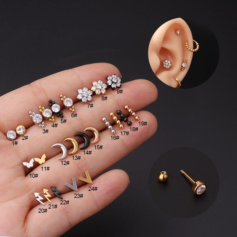 Screw Ball Zircon Inlaid Stainless Steel Earrings