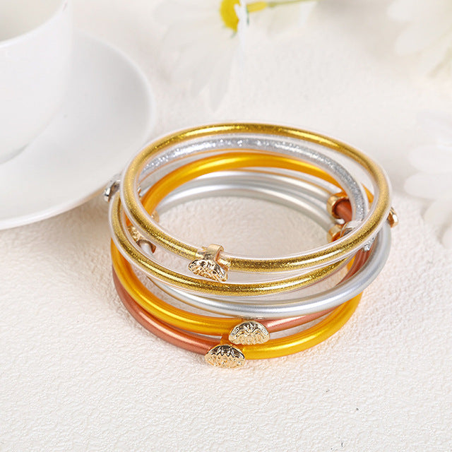 Wholesale Simple Style Round Silicone Buddhist Bangle with Bowknot Ribbon Alloy Set Bracelet 65mm