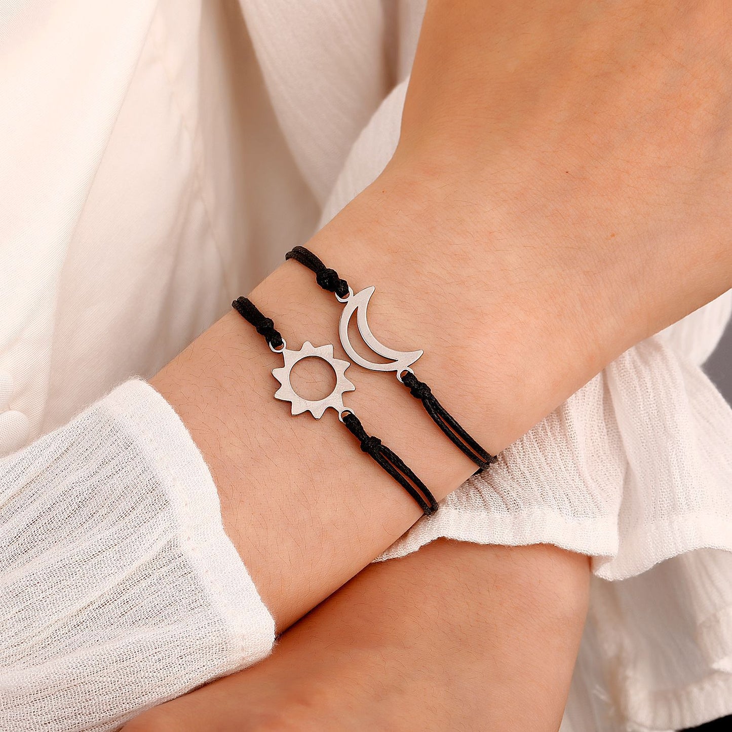 Stainless Steel Hollow Sun Moon Butterfly Adjustable Couple Bracelet Set